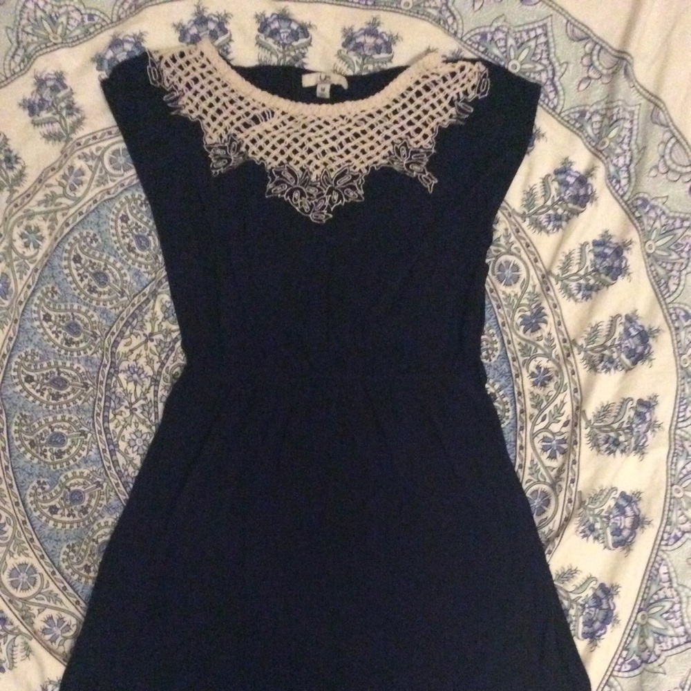 Blue dress with creme lace.